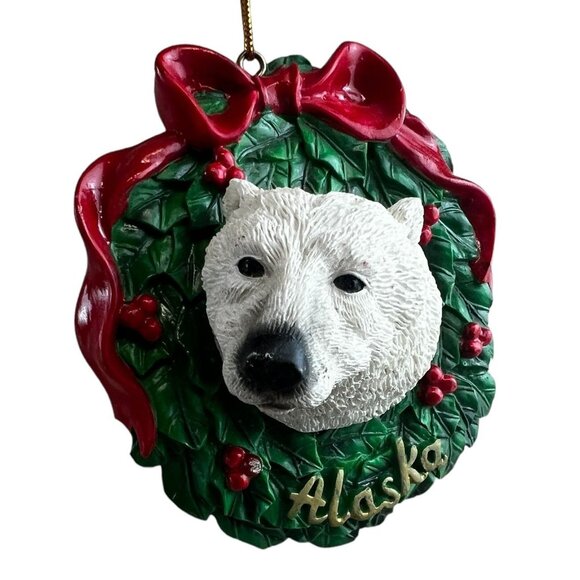 Unbranded Other - Polar Bear Christmas Ornament Alaska Wreath With Red Bow & Berries - White Green